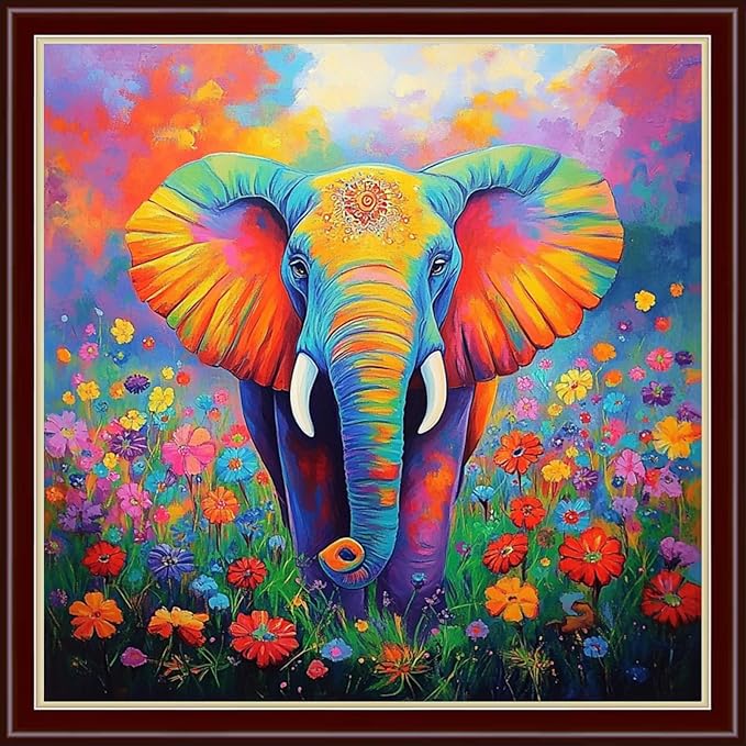 Dimensean Stamped Cross Stitch Kits Full Range of Embroidery Patterns Starter Kits for Beginners Adult or Kids DIY Cross Stitches Needlepoint Kits 11CT-Colorful Elephant Flowers 18x18 inch