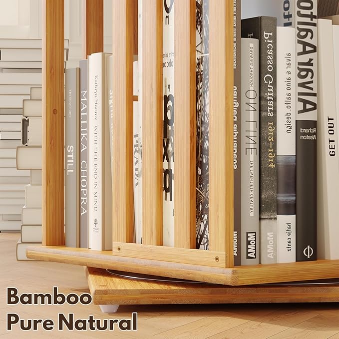 XIMN 360° Rotating Bamboo CD/DVD Shelf - 6-Tier Space-Saving Media Storage Cabinet for Movies, Organizer with Super Compact Design (Nature, 4 Tier)