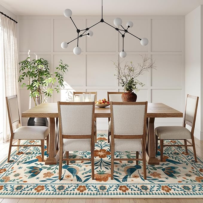 Morebes Floral 9x12 Area Rug for Living Room, Washable Large Rug for Bedroom Non Slip, Soft Boho Vintage Flower Birds Distressed Throw Carpet for Dinning Room Playroom, Beige/Multi