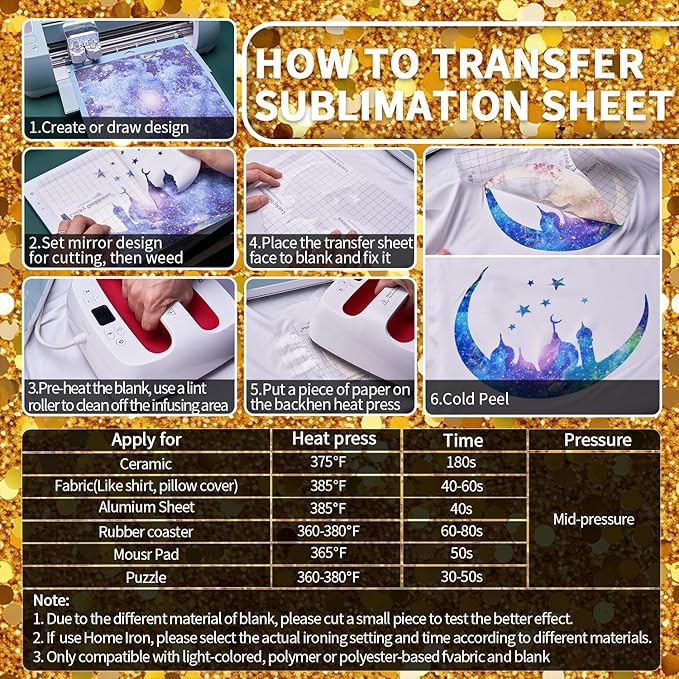 Yellow Glitter Sublimation Transfer Sheets for Heat Press Machine,Gold Sublimation Paper for Tumblers Blanks Tshirts,8 Sheets 12x12inch