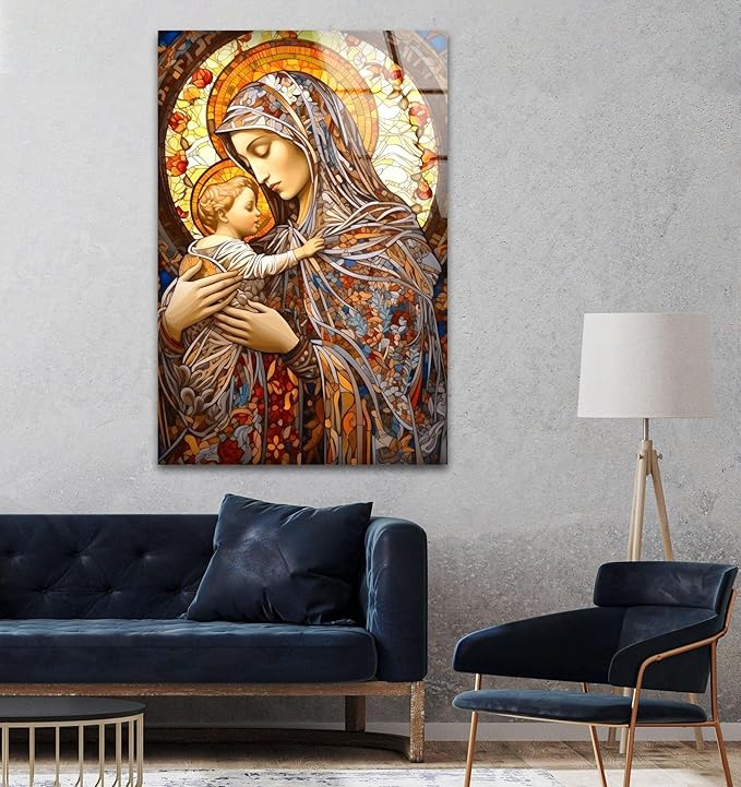 My Photostation.com Round 31,5'' Jesus and Virgin Mary Glass Wall Art Tempered Glass Printing Wall Decor Large Wall Art Wall Hangings