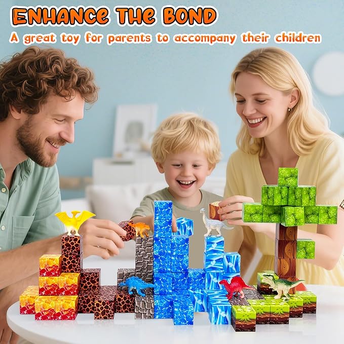 100PCS Dinosaur Magnetic Blocks for Kids: 1" Magnetic Building Blocks for Kids Ages 4-8 8-12, Magnet Cubes Sensory STEM Stacking Toys for Boys & Girls,Christmas Birthday Gifts for Toddler Ages 3+
