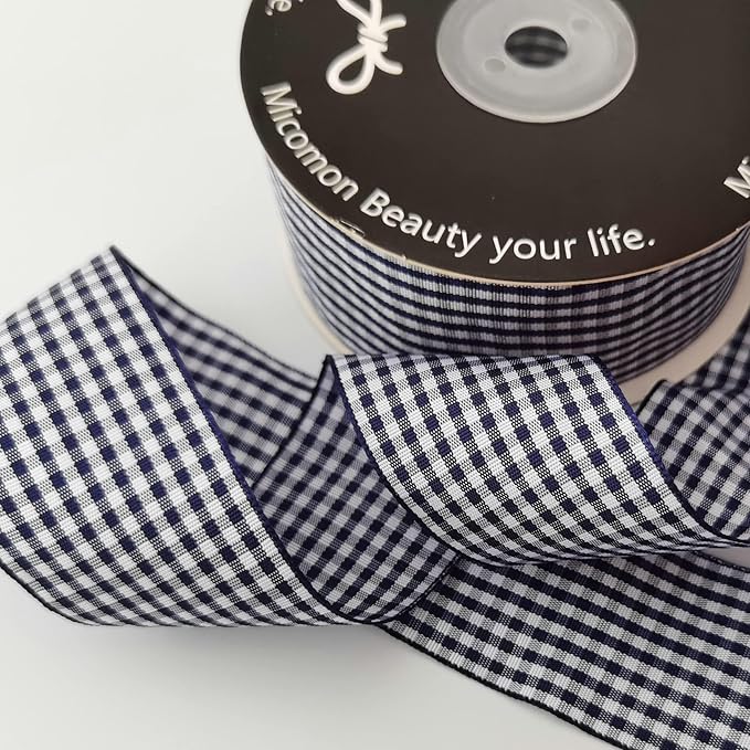 1.5 Inch Blue and White Woven Edge 100% Polyester Gingham Ribbon 25 Yards Each Roll (1-1/2", Blue)