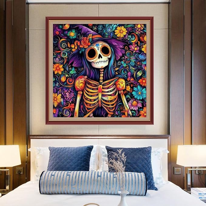 DMCXART Counted Cross Stitch Kits for Adults Needlepoint Kits Unprinted Cross Stitching Embroidery Kit 11CT Cross Stitch Supplies-Magical Flower Skull 18x18 inch