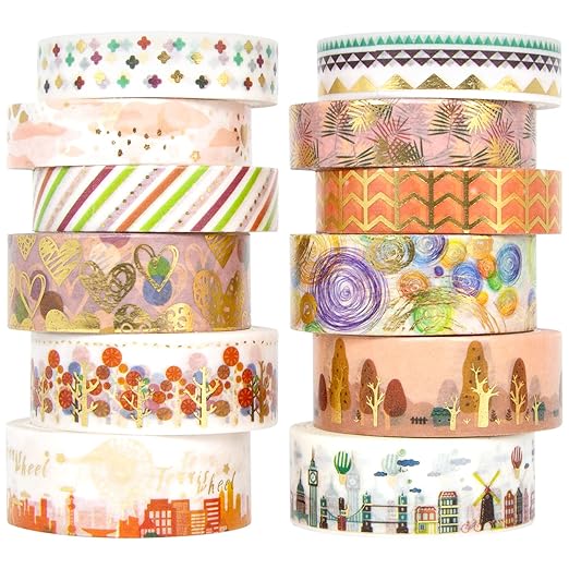 MPOPUUL Gold Foil Washi Tape Set 12 Rolls - Blooming Masking Tape, Decorative Tape for Bullet Journals Supplies, Gift Wrapping, DIY Crafts, Scrapbooking, Planners