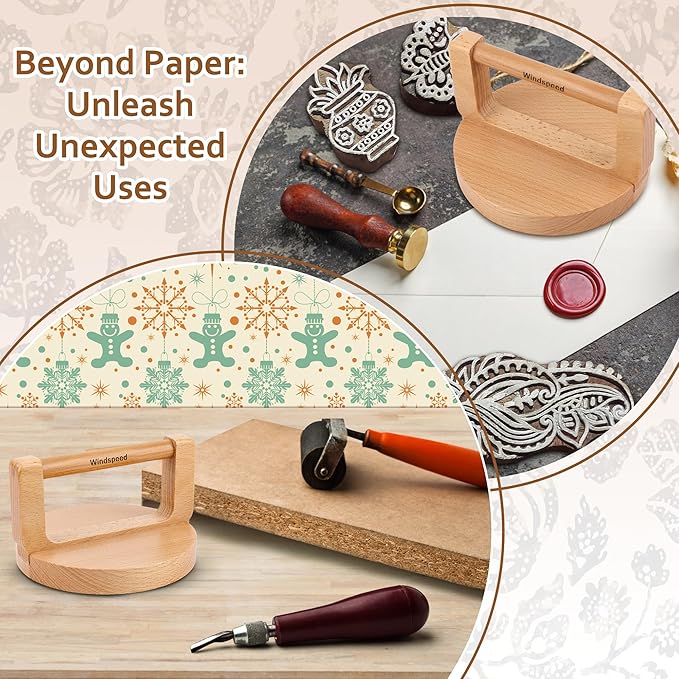 Windspeed Upgrade Wood Baren for Printmaking, 5.5 in Thicker Block Printing Baren Tools Printing Wood Block for Linocut Scrapbooking Crafting Embossing Tool with Wiping Cloth