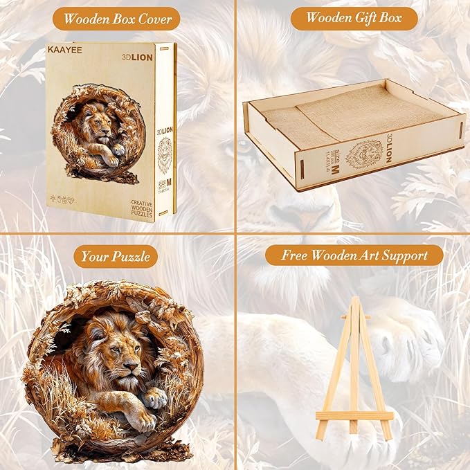 KAAYEE Wooden Puzzles for Adults, 3D Vision Effect Lion King Wooden Jigsaw Puzzles 300 PCS Unique Shape Advanced Wood Puzzle Adult, Fathers Birthday Family Game (L-13.4 * 13.4in)