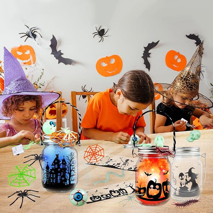 SpringFlower 8 Pack Halloween DIY Arts and Crafts Kits for Kids Ages 6-8, 8-12, Halloween Mason Jar with Accessories for DIY Lantern Jar, Art & Craft Party Supplies for Classroom Kids