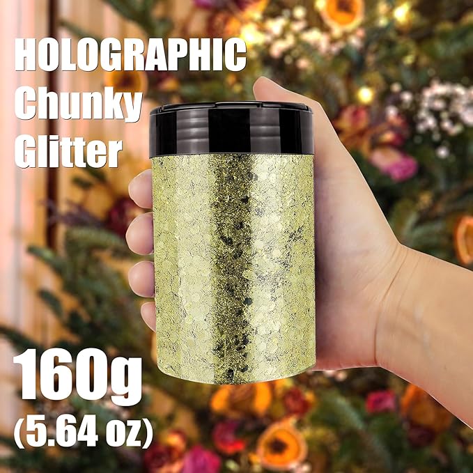 Chunky Glitter, 160G/5.64OZ Craft Glitter for Epoxy Resin, Mixed Fine Glitter & Chunky Glitter, Metallic Chunky Glitter for Hair, Nail Arts, Body, Bulk Glitter for DIY Tumbler Painting (Honey Gold)