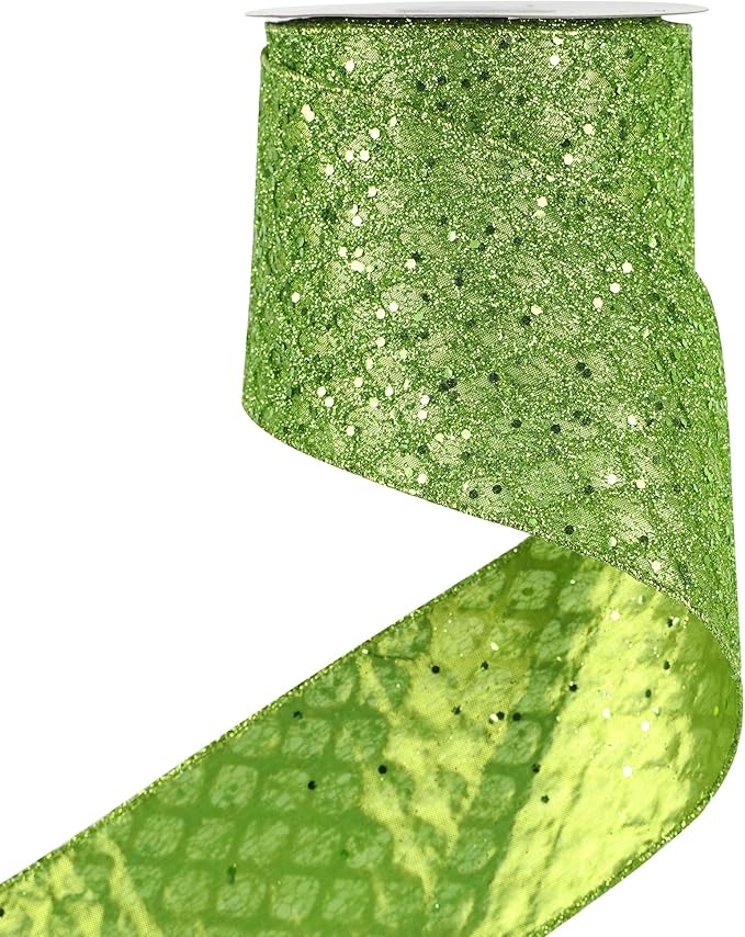 HUIHUANG Lime Green Glitter Wired Ribbon - 4 inch x 10 Yards (30 Feet) - Polyester Material - Perfect for Christmas, Halloween & More - Geometric Pattern - Wired Edges for Easy Shaping