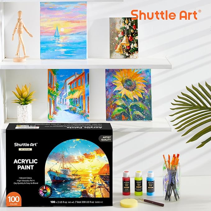 Shuttle Art 100 Colors Acrylic Paint, 2oz/60ml Bottles, Include 2 Sets of 12 Paint Brushes, 1 Art Sponge & Palette, Premium for Artists, Beginners & Kids on Canvas Rocks Wood Ceramic