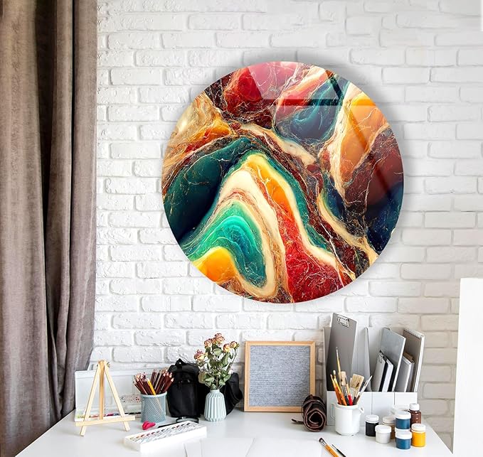 My Photostation.com 39,4''(100cm) Diameter Colorful Marble Swirl Round Wall Art Abstract Glass Decor with Earthy Tones & Gemstone Texture