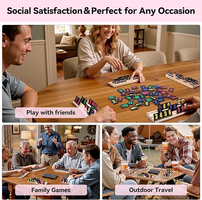 Rummy Cube 6 Player Edition with 6 Wooden Racks 160 Acrylic Tiles (1.5'') Rummy Game with Bag 6 Player Travel Size Rummy Game Large Number Rummy Tiles Game Set for Family Classic Board Games (Black)