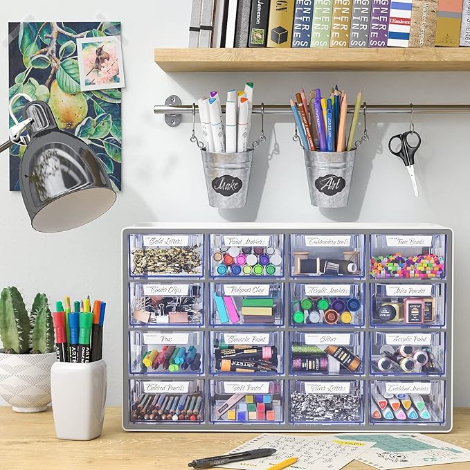 ARTEZA 16 Drawer Storage Cabinet, 17.7 x 8.2 x 10.9 inches, White, Plastic Drawers? with Stoppers, ?Multi Compartment Organizer for Makeup and Art Supplies