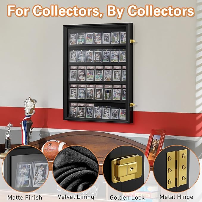 Mlikero Baseball Card Display Case, 35 Graded Card Display Frame Lockable, Trading Card Display with UV Protection Sports Card Display Case for Baseball Cards, Football Cards, Sports Cards