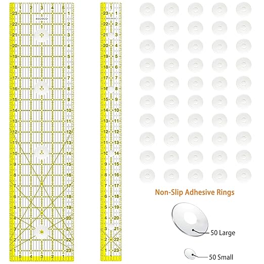 Acrylic Ruler 7 Piece Set, Non Slip Rings 50 Pieces, Quilting Rulers, Size (6"x24"), (2"x24"), (3"x18"), (3"x8"), (1.5"x12"), (1"x12"), (1"x6") (Yellow-7 Piece Set)