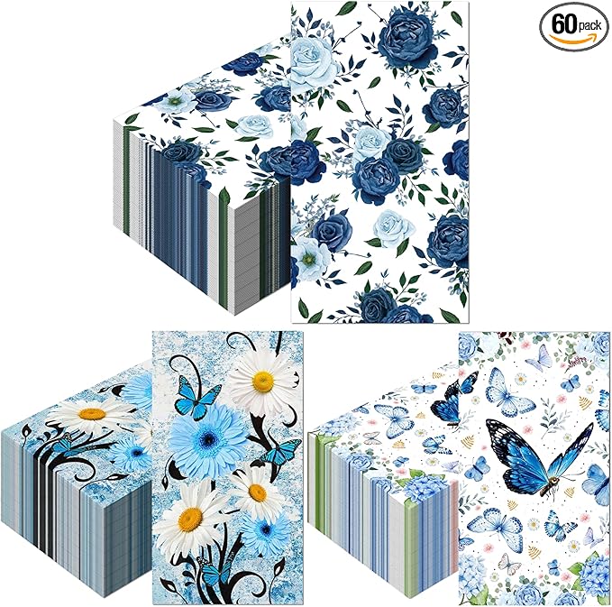 60 Pack 3 Styles Floral Napkins-Blue Party Supplies Vintage Flower Paper Napkins Tea Party Decorations for Birthday,Baby Shower, 12.9 * 15.7 inch