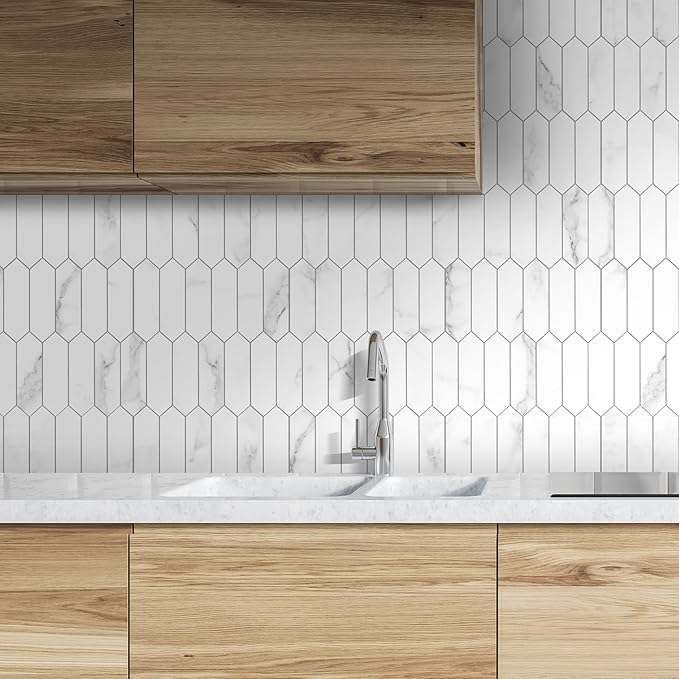 SUNWINGS Backsplash Tile for Kitchen Peel and Stick, Stone Composite Self Adhesive Tiles Faux Marble Pattern Long Hexagon Mosaic Wall Tile for Kitchen, 12 Inch x 11.22 Inch 10 Sheets White Marble