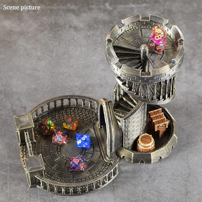 AUSPDICE DND Dice Tower Castle and Tray Retro Dice Rolling Tower for Dungeons and Dragons RPG Tabletop Games (Brushed Brass Color)