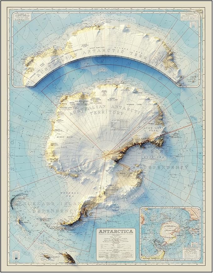 Muir Way Shaded Relief Elevation Map of Antarctica - Vintage-Style Topographic Wall Art with Map Look - Unframed Flat Paper Print, 28x36