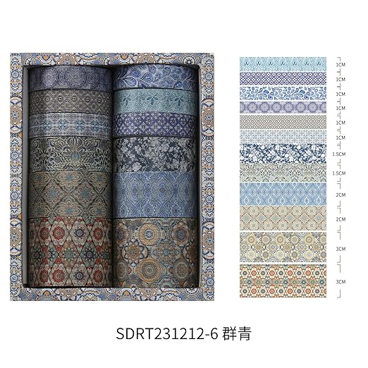 12 Rolls Exotic Charm Washi Tape Set Floral Arts Adhesive Tapes Geometric Garden Decorative Masking Tape Sets for Craft, Kids, Scrapbook, DIY, Gift Wrapping (Azure Serenity)