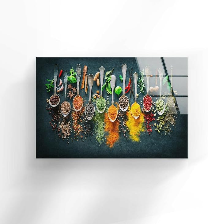 My Photostation.com 60WX40H'' Spoon Spices Glass Wall ArtTempered Glass Printing Wall Decor Large Wall Art Wall Hangings