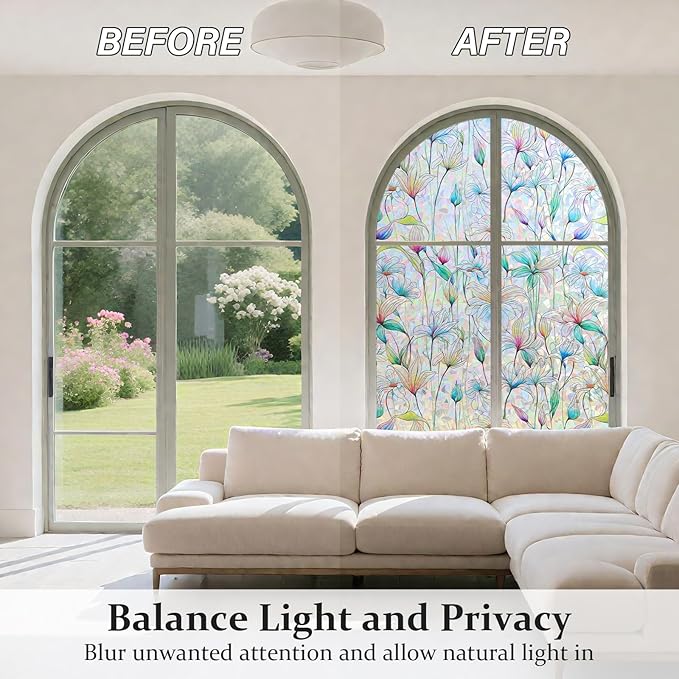 Donox Decorative Window Privacy Film, 3D Floral Stained Glass Window Film Static Cling Rainbow Privacy Sticker for Glass Door Heat Control Anti UV, No Adhesive (Magnolia,35.4 x 78.7 inches)
