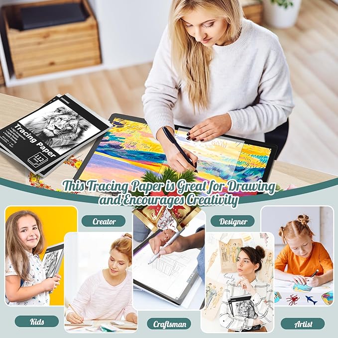 Tracing Paper 8.5x11 inch, 112 Sheets Transparent Vellum Paper for Tracing Pads, Translucent Tracing Paper for Pencil, Marker and Ink - Trace Images, Sketch, Preliminary Drawing, Overlays, Black
