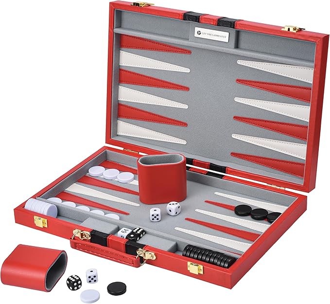 Get The Games Out Backgammon Set, Classic Board Game Case, 2 Players, Includes Strategy & Tip Guide, Perfect for Parties and Family Game Nights - Small, Red