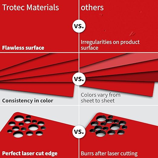 Trotec TroLase | 12"x12"x1/16", 8 Pcs | Red/Black | 2 Ply | Modified Acrylic | Laser Engraving Double Color Plastic Sheet | Engraving Blanks for Laser, Saw, Guillotine | Made in USA