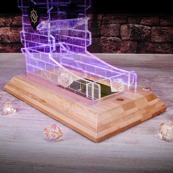 ENHANCE Tabletop LED Dice Tower with 7pc Dice Set for RPG Games - Clear Gaming Set, LED Lit Rolling Tray with Bamboo Base and Castle Tower Design, Roll Up to 14 at Once - Great for Game Night