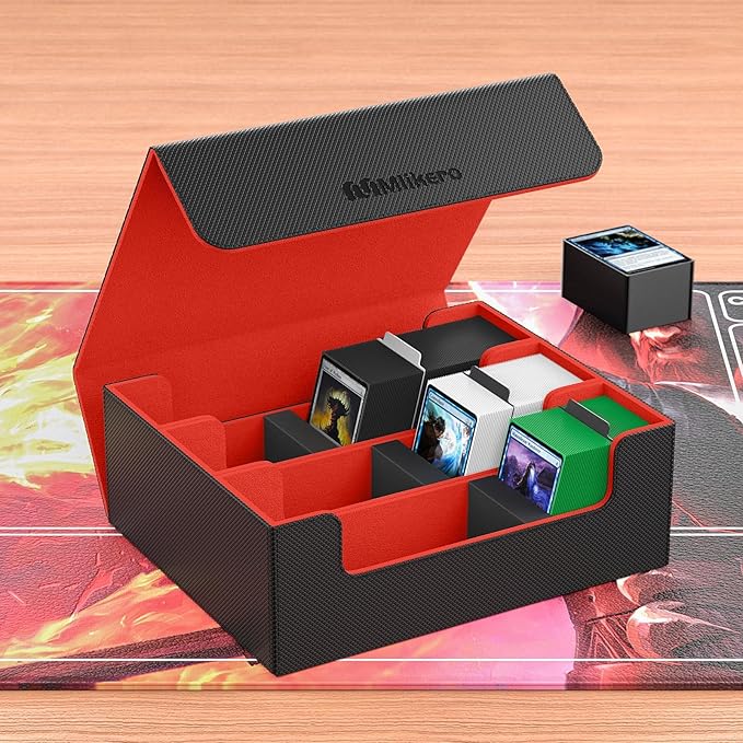 Mlikero Card Deck Case, 1800+ Trading Card Storage Box with 10 Dividers and 3 Foam Stoppers, Leather Magnetic Closure Commander Deck Box Fit for YuGiOh, MTG and Sport Cards(Black&Red)