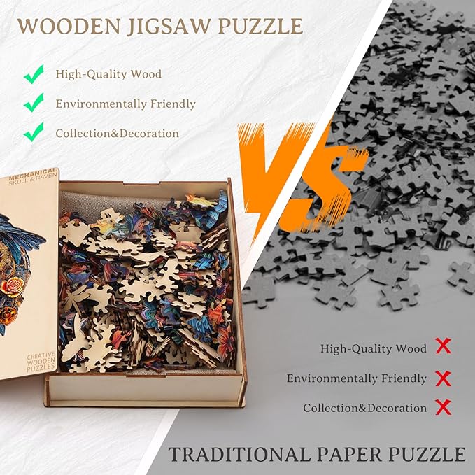 KAAYEE Wooden Puzzles for Adults, 3D Visual Effect Raven & Mechanical Skull Wooden Jigsaw Puzzle Unique Shape Wood Puzzle Adult, 3D Effect Flat Puzzle Birthday Family Games (L-13.4 * 11.9in-240pcs)