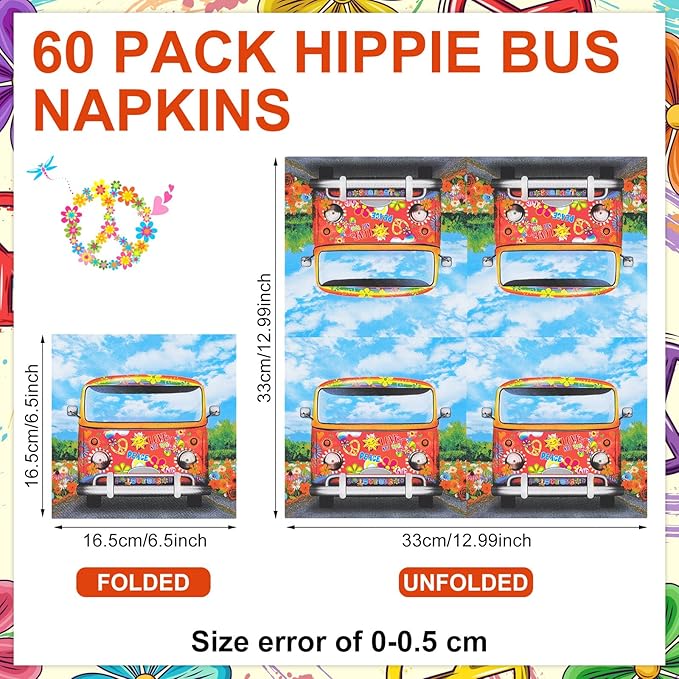 60 Pcs 60's 70's Hippie Party Cocktail Paper Napkins 6.5 x 6.5 Inches Disposable Paper Napkins Dessert Beverage Napkin for Decoupage Luncheon Napkin for Theme Party Wedding Birthday