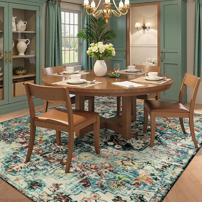 Lahome Boho 8x10 Rugs for Living Room, Teal Washable Rugs for Bedroom Aesthetic Large Dining Room Rug, Large Bohemian Printed Non-Slip Low Pile Throw Playroom Carpet for Kids Room Nursery Office