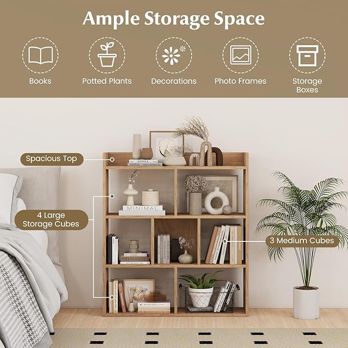 Giantex 7 Cubes Bookshelf, Free-Standing Wooden Bookcase, 4 Tier Home Display Shelf, Horizontal Storage Unit w/Anti-Toppling Devices, Open-Back Display Rack for Study, Living Room (1, Natural)