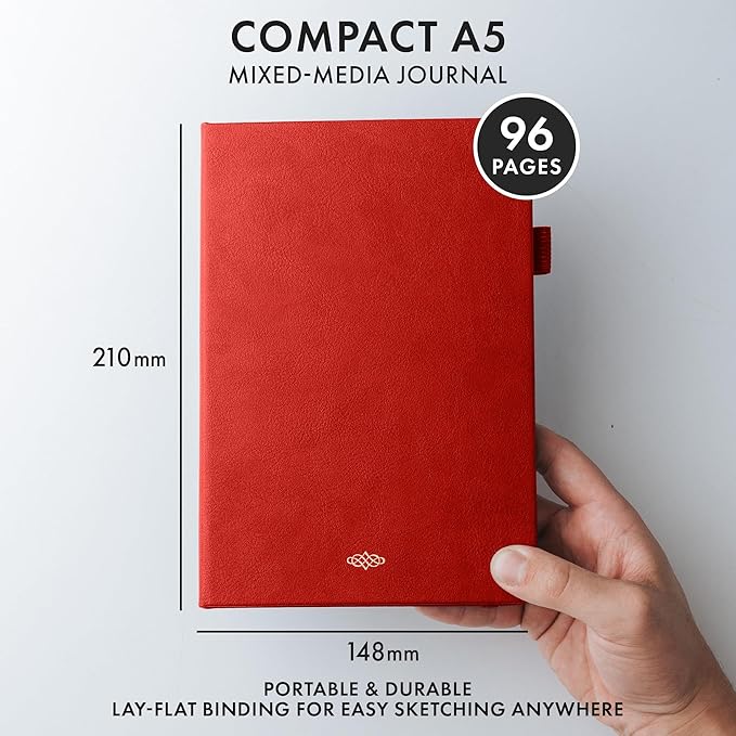 Wordsworth & Black A5 Mixed Media Journal 96 Mix Pages, Hardcover Leather, 190 GSM Paper, Journaling Notebook for Work & Sketching, Journals for Women, Men - Gifts Box Included Red