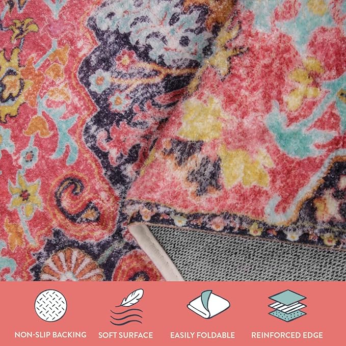 Lahome Bohemian Floral Medallion Runner Rug - 2x6 Hot Pink Hallway Runner Laundry Mat, Machine Washable Non-Slip Soft Indoor Carpet for Bathroom Bedside Basement Camper Home Decor, Fuchsia/Multi