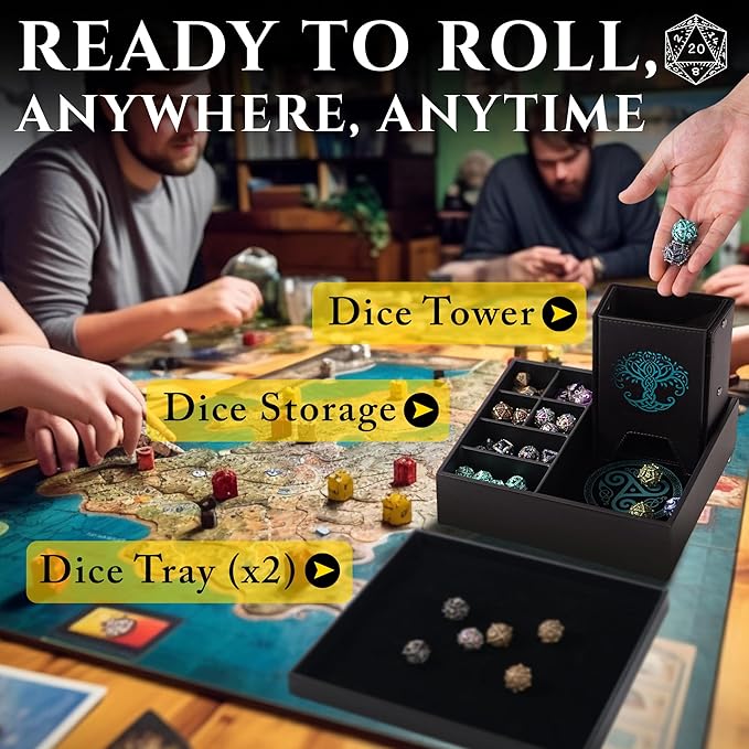Dice Tray and Dice Tower for DND and RPG - All-in-One Game Roamer Tray & Large Tower for Random Rolls - Stores Your Sets, Mini's and More Compatible with D&D (Blue Tree)
