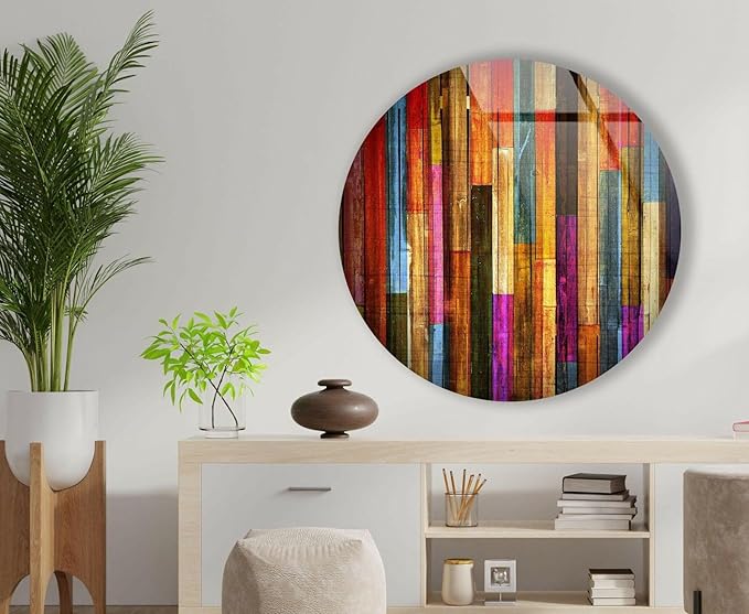 My Photostation.com 39,4''(100cm) Diameter Colorful Wood Pattern Round Glass Wall Art Tempered Glass Printing Wall Decor Large Wall Art Wall Hangings