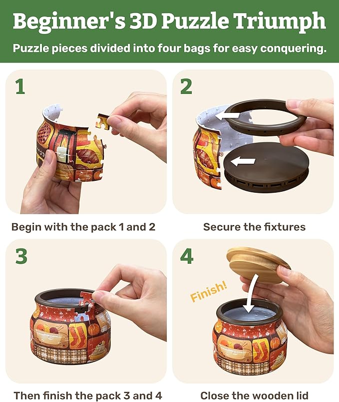 PieceRelax 3D Puzzle Jar 64 Plastic Pieces for Adults - Live Cozy - Wooden Lid Container for Kitchen Dining Study Living Room No Glue Requied Small [BC1021]