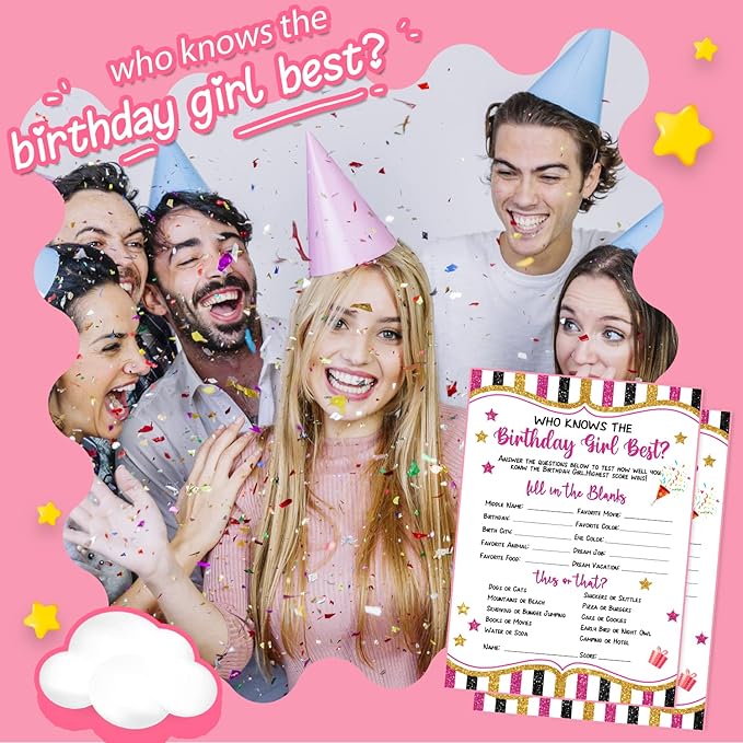 20 Pieces Who Knows The Birthday Girl Best Game Cards - Birthday Party Activity Game Card Set Girly Themed Party Activity and Idea - for Child or Teen - Girl Birthday Supplies, Activity, Decorations