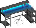 SUPERJARE 53 inch Reversible L Shaped Desk with LED Lights & Power Outlets, Computer Desk with Shelves & Monitor Stand, Gaming Desk with Drawer, Home Office Desk Corner Desk, Black