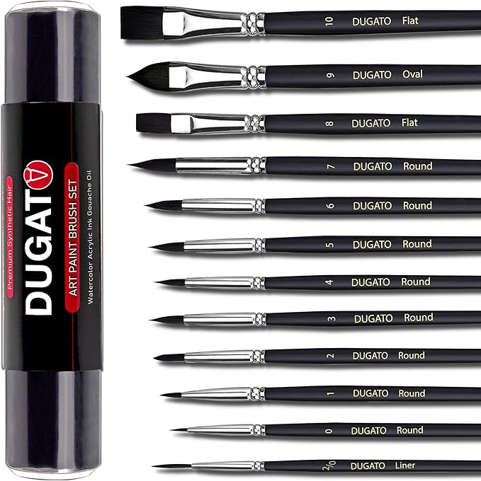 Watercolor Brushes Professional, DUGATO 12pc Artist Paint Brush Set - Synthetic Bristles (Round, Flat, Liner, Oval) for Watercolor Gouache Inks Painting