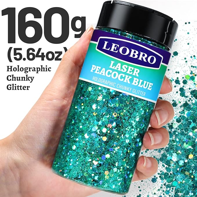 LEOBRO Blue Glitter, 160G/5.64OZ Holographic Chunky Glitter for Crafts, Resin, Body Nail, Tumblers,Party Decorations, (Peacock Blue)