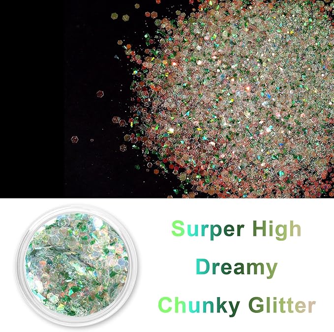 Renfio Opal Chunky Glitter, 1.75oz/50g Green Glitter, Dreamy High Sparkle Glitter for Crafts Holographic Fine Glitter Mix Iridescent Glitters Flake for Resin Nails Art Hair DIY Snow - Green Pinery