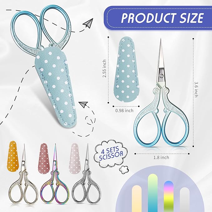 Honoson 4 Pcs Sewing Embroidery Scissors with 4 Pcs Artificial Leather Cover 3.6 Inch Stainless Steel Stork Scissors Vintage Embroidery for Needlework Manual Sewing Handicraft(Retro Colors)