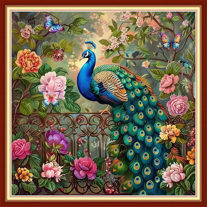 Magxvouy Cross Stitch Kits Stamped Full Range of Embroidery Kits,Cross Stitch Patterns Needlework Kits for Beginners 11CT Printed Kits&Peacock Butterfly 18x18 inch