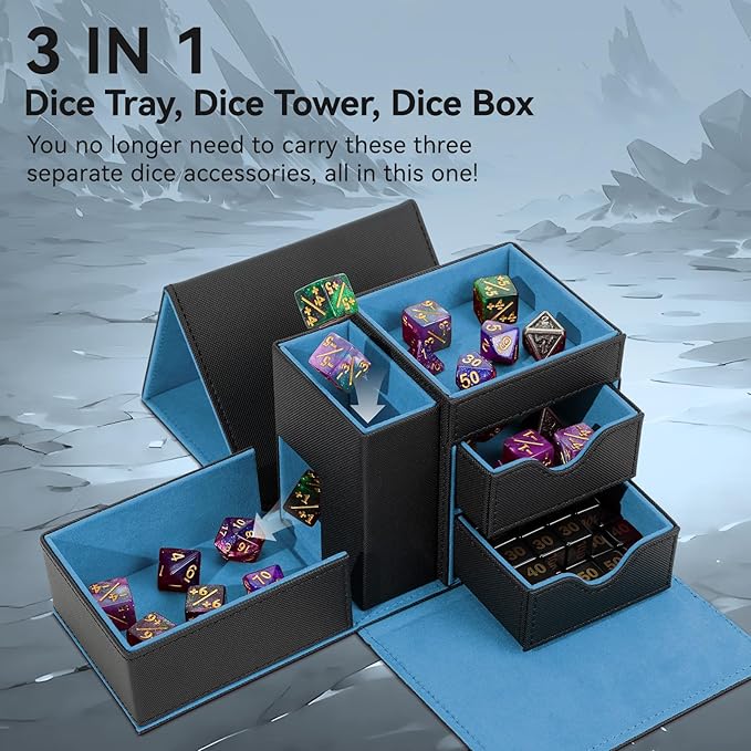 Dice Tray & Dice Tower Storage Box, 3 in 1 Dice Holder Case (Dice Rolling Tray, Dice Rolling Tower, Dice Storage Drawers), Leather Magnetic Closure DND Accessories Gifts for RPG MTG, Black/Blue