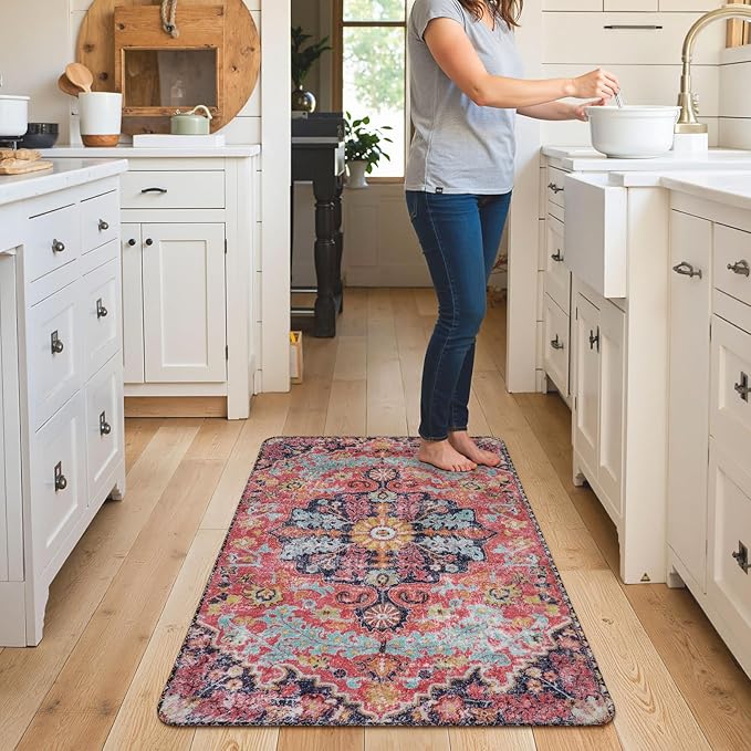 Lahome Bohemian Floral Medallion Area Rug - 3x5 Hot Pink Rug for Girls Room Front Entry Mat, Non-Slip Machine Washable Soft Throw Carpet for Bathroom Apartment Entrance Laundry, Fuchsia/Multi